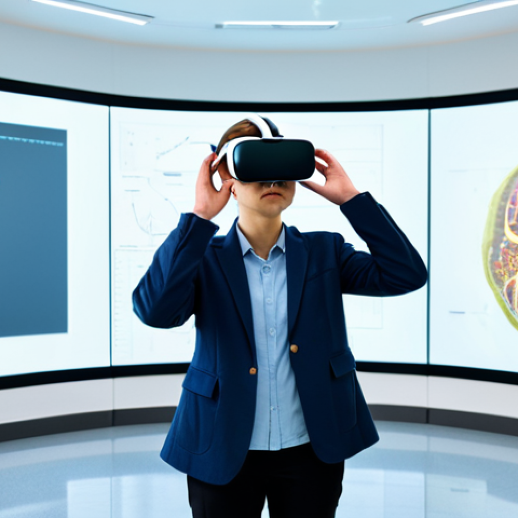 A young professional adult student, fully clothed in a modest, contemporary casual-professional outfit, including a smart blazer and neat trousers, wearing a modern VR headset. They stand in a clean, brightly lit modern educational lab, with subtle holographic projections of historical artifacts and anatomical models visible in the air around them, indicating an immersive learning experience. Their hands are slightly raised in a natural pose, and they appear completely absorbed and engaged in the virtual environment. This is a professional photography, high quality image with vivid colors, set in an educational context, appropriate content, safe for work, perfect anatomy, correct proportions, well-formed hands, proper finger count, natural body proportions, family-friendly.