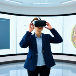 A young professional adult student, fully clothed in a modest, contemporary casual-professional outfit, including a smart blazer and neat trousers, wearing a modern VR headset. They stand in a clean, brightly lit modern educational lab, with subtle holographic projections of historical artifacts and anatomical models visible in the air around them, indicating an immersive learning experience. Their hands are slightly raised in a natural pose, and they appear completely absorbed and engaged in the virtual environment. This is a professional photography, high quality image with vivid colors, set in an educational context, appropriate content, safe for work, perfect anatomy, correct proportions, well-formed hands, proper finger count, natural body proportions, family-friendly.