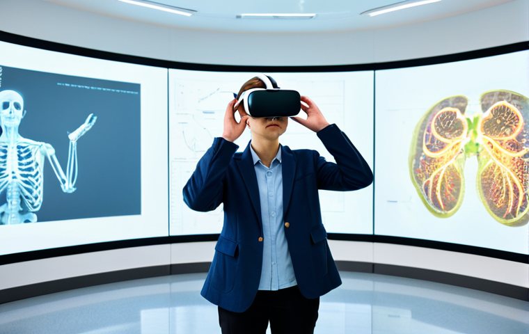 A young professional adult student, fully clothed in a modest, contemporary casual-professional outfit, including a smart blazer and neat trousers, wearing a modern VR headset. They stand in a clean, brightly lit modern educational lab, with subtle holographic projections of historical artifacts and anatomical models visible in the air around them, indicating an immersive learning experience. Their hands are slightly raised in a natural pose, and they appear completely absorbed and engaged in the virtual environment. This is a professional photography, high quality image with vivid colors, set in an educational context, appropriate content, safe for work, perfect anatomy, correct proportions, well-formed hands, proper finger count, natural body proportions, family-friendly.
