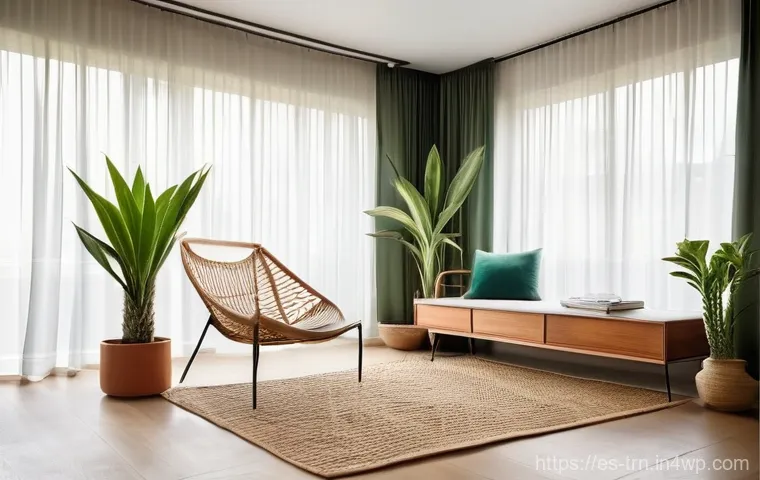 몰입 유도를 위한 자연 요소 활용하기 - **A Serene Green Retreat:** A cozy and sun-drenched living room corner, designed for ultimate relaxa...