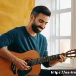 Home 19 몰입 학습을 위한 피드백 주기 설정 방법 - A focused Spanish adult student practicing guitar in a cozy, warmly lit room with natural sunlight s...