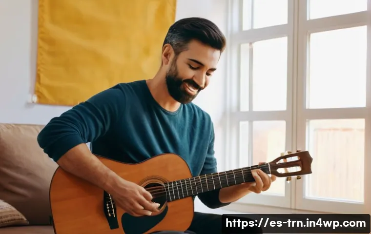 몰입 학습을 위한 피드백 주기 설정 방법 - A focused Spanish adult student practicing guitar in a cozy, warmly lit room with natural sunlight s...